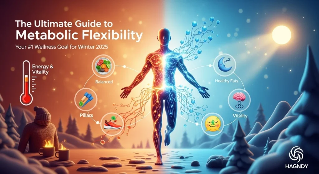 Illustrated guide to metabolic flexibility showing body switching from burning carbs to fat for winter 2025 wellness goals, featuring nutrition, exercise, sleep, and stress management icons.
