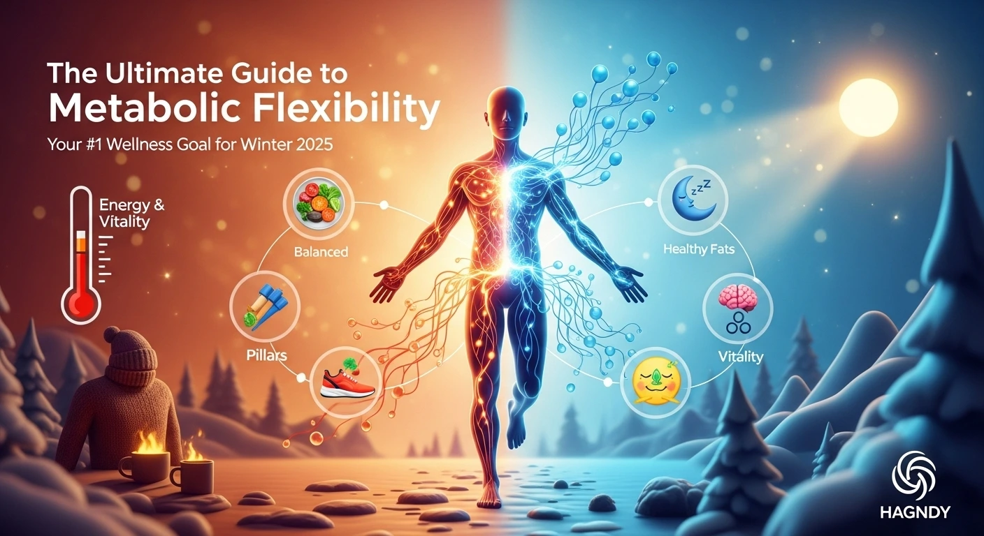 Illustrated guide to metabolic flexibility showing body switching from burning carbs to fat for winter 2025 wellness goals, featuring nutrition, exercise, sleep, and stress management icons.
