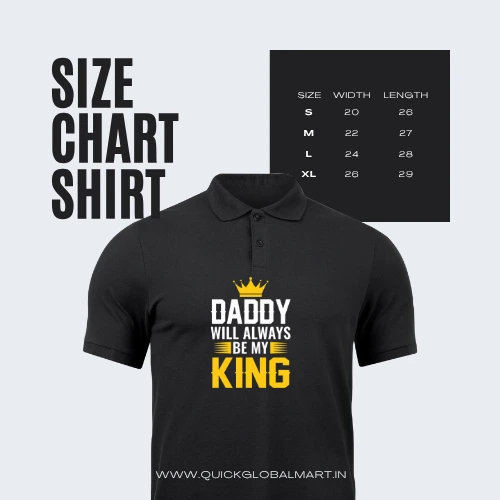 Black cotton t-shirt with “Daddy Will Always Be My King” quote and crown design by QGM, perfect Father’s Day gift for dads and kids.