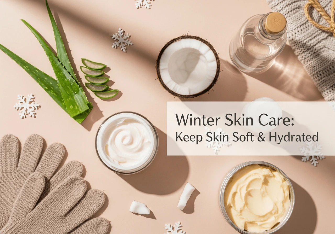 Winter skincare routine using home remedies for dry skin, including coconut oil and aloe vera.