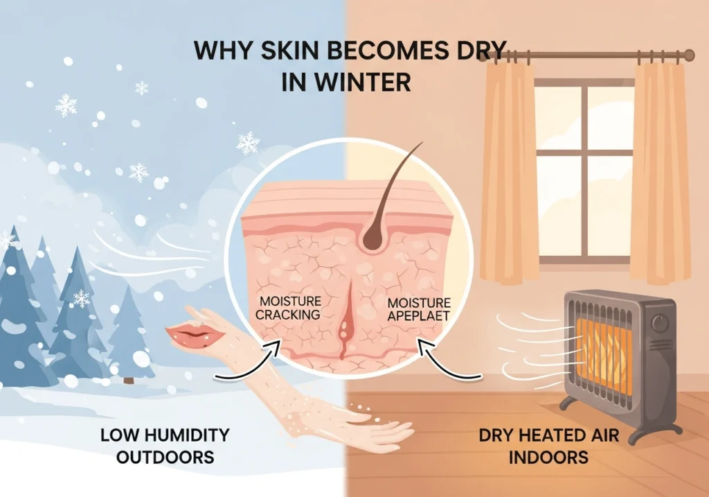 Winter skincare routine using home remedies for dry skin, including coconut oil and aloe vera.