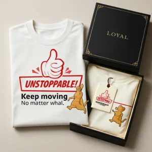 Front of a premium white t-shirt with a bold black text design that reads "LOYAL" above "UNSTOPPABLE!" and the phrase "Keep moving No matter what." below it.