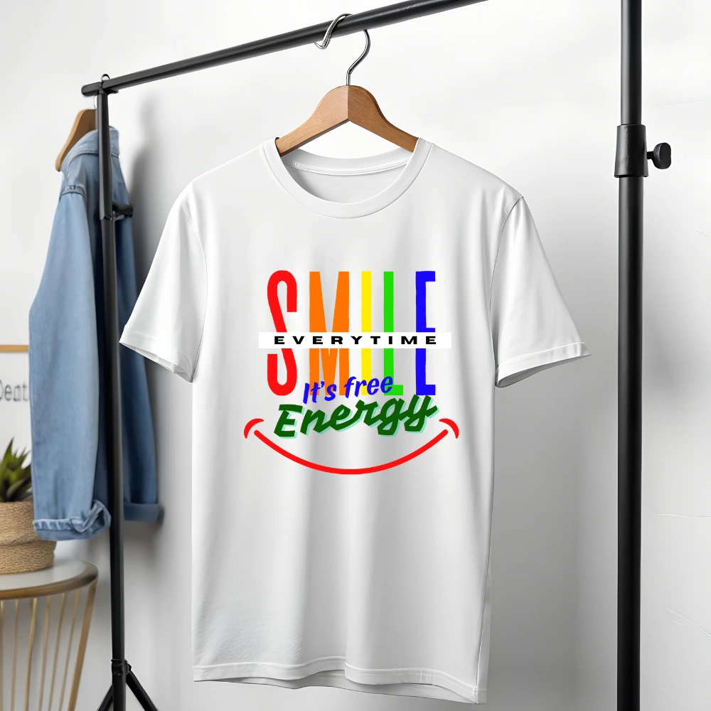 A person wearing a comfortable cotton SMILE Everytime t-shirt, available in all sizes from Small to XXL.
