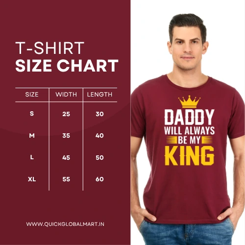 Model wearing maroon cotton t-shirt with “Daddy Will Always Be My King” print and crown design by QGM, displayed with size chart (S to XL).